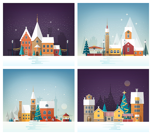 Collection of winter cityscapes or urban landscapes with holiday street decorations and decorated buildings. City or town in New Year or Christmas eve. Festive vector illustration in flat style