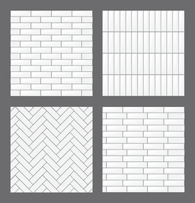 Set of seamless patterns with modern rectangular white tiles. Realistic textures collection. Vector illustration