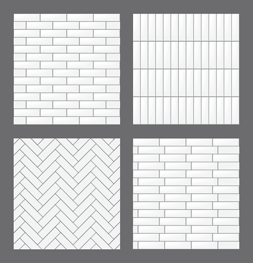 Set of seamless patterns with modern rectangular white tiles. Realistic textures collection. Vector illustration