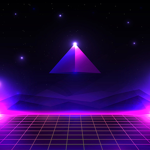 Retro futuristic landscape, glowing cyber world with grid and pyramid shape. sci-fi background 80s style