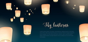 Gorgeous horizontal banner with glowing Kongming flying lanterns floating in evening sky and place for text. Background with national Chinese holiday airborne decorations. Colored vector illustration