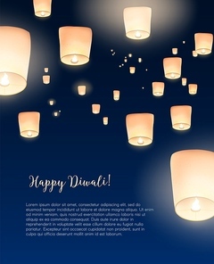 Flyer or poster template with Kongming lanterns flying in evening sky and place for text. Colored vector illustration for traditional Chinese mid autumn, Diwali and Yee Peng festivals celebration