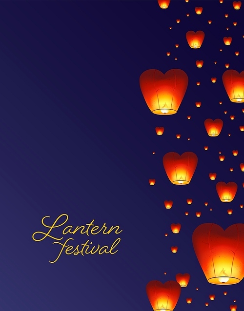 flyer, poster or invitation template with traditional asian lanterns flying in night sky. colored vector illustration for diwali, yee peng and chinese 중추절s, holiday celebration