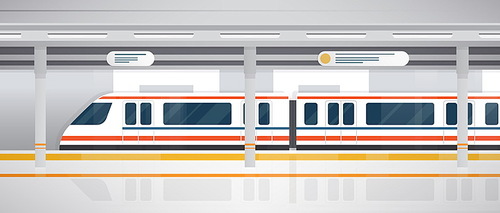 Subway, underground platform with modern train. Horizontal colorful vector illustration in flat style