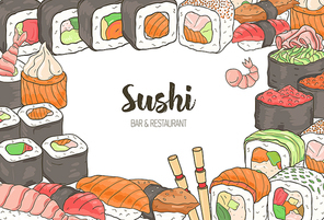 Horizontal template with colorful frame consisted of various types of Japanese sushi and rolls on white background. Hand drawn vector illustration for menu or banner of Asian food restaurant
