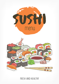 Beautiful template for restaurant menu of Japanese or Asian cuisine with hand lettering and colorful sushi, rolls, sashimi, wasabi, soy sauce, chopsticks on white background. Vector illustration