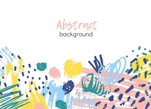 Horizontal background decorated by colorful chaotic paint traces, brushstrokes, scribble, daub, stains, blots. Creative artistic backdrop. Vivid decorative vector illustration in modern art style