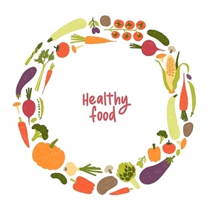 Round frame or border consisted of various vegetables or harvested crops isolated on white background. Healthy fresh food, vegan and vegetarian wholesome products. Decorative flat vector illustration.