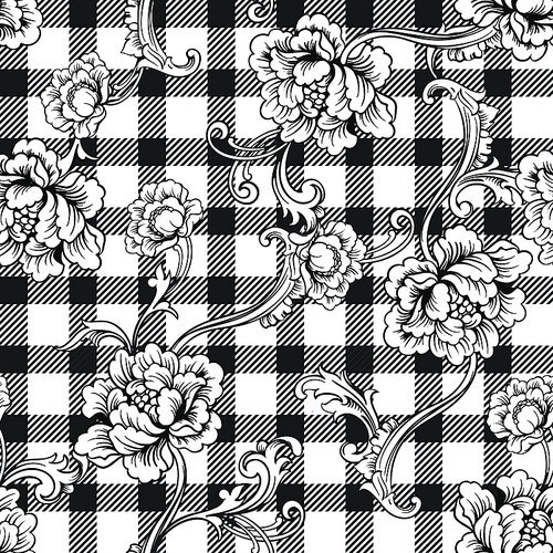 Eclectic fabric plaid seamless pattern with baroque ornament. Vector background.