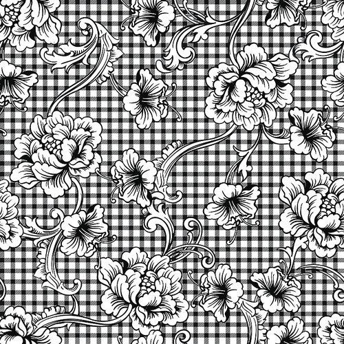 Eclectic fabric plaid seamless pattern with baroque ornament. Vector background.