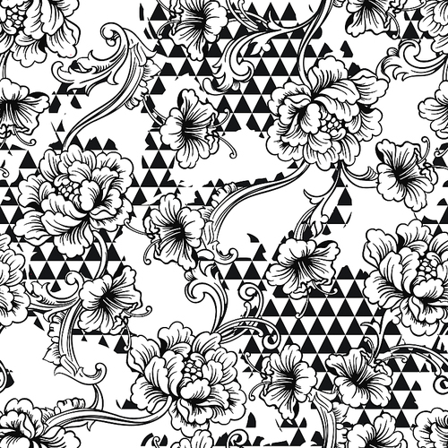 Eclectic fabric seamless pattern. Geometric background with baroque ornament. Vector illustration