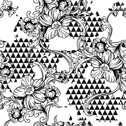 Eclectic fabric seamless pattern. Geometric background with baroque ornament. Vector illustration
