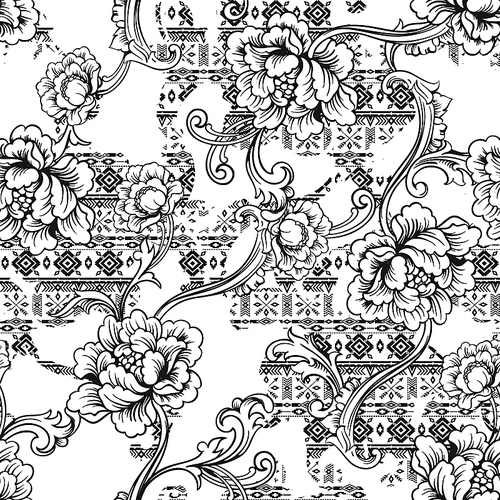 Eclectic fabric seamless pattern. Ethnic background with baroque ornament. Vector illustration.