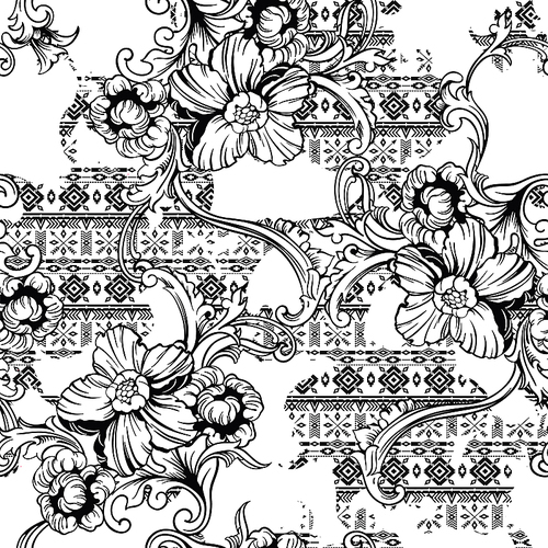 Eclectic fabric seamless pattern. Ethnic background with baroque ornament. Vector illustration.