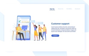 Web banner template with technical online consultant or manager wearing headphones sitting at computer, five star rating and group of clients. Customer support. Flat colorful vector illustration