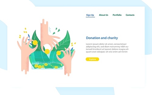 Landing page template with hands holding coins and bills and putting them into money box. Charity project, donation service, fundraising program. Modern colorful vector illustration for advertisement