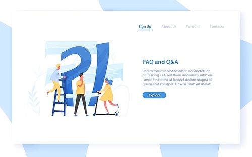 Web banner template with giant question mark and interrogation point and tiny people. FAQ, customer guide, user manual, useful information for problem solving. Flat colorful vector illustration
