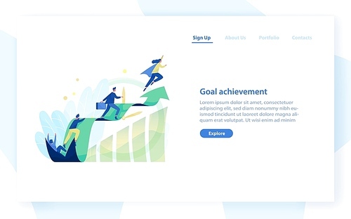 Website template with people, office workers, managers or clerks climbing on ascending graph or trend. Business goal achievement, career growth and development. Flat colorful vector illustration
