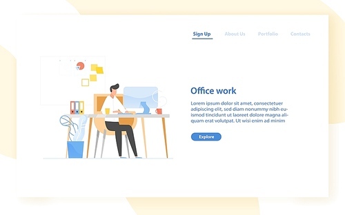 Web banner template with programmer or coder sitting at desk and working. Office work in software development, programming or program coding. Modern flat vector illustration for advertisement