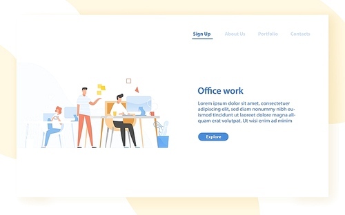 Web banner template with programmers or coders working together at office. Software development, programming or program coding. Colleagues at work. Modern flat vector illustration for website