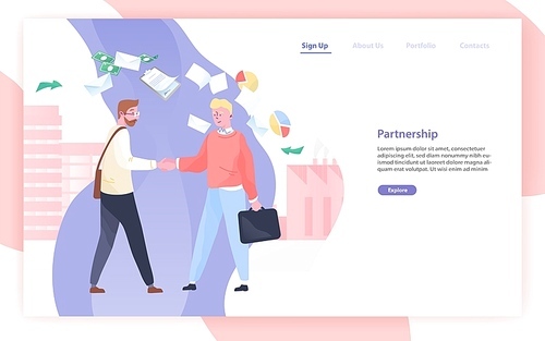 Web banner or website template with pair of business partners or businessmen shaking hands and place for text. Partnership, deal, agreement. Colored vector illustration in flat style for landing page