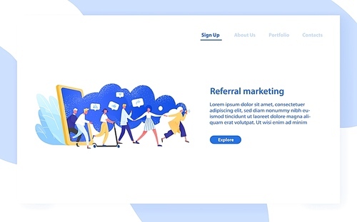 Website template with group of people or customers holding hands and walking out of giant smartphone. Referral marketing or Refer A Friend loyalty program. Modern flat colorful vector illustration