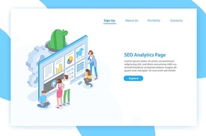 Web banner template with people standing in front of giant computer and optimizing website for search engines. SEO analytics page. Isometric vector illustration for internet service advertisement