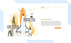 Group of people preparing spaceship, rocket, spacecraft or shuttle for space journey. Startup company or business project launch. Modern flat vector illustration for advertisement banner, website