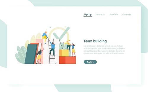 Landing page template with group of clerks, employees or office workers climbing up together and supporting each other. Team building, teamwork. Flat vector illustration for website, web banner