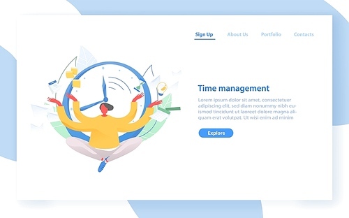 Web banner template with man sitting with crossed legs against clock face on background. Time management, effective planning and organization, scheduling, multitasking. Flat vector illustration