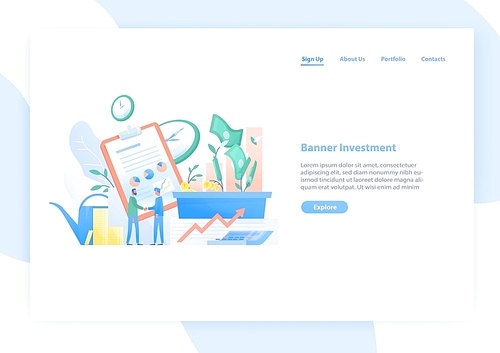 Web banner template with pair of businessmen or investors shaking hands, stock exchange market graphs and money. Investment and funding. Colorful vector illustration in flat style for advertisement