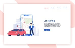 Car sharing service website template with automobile, man standing beside giant smartphone with city map on screen and place for text. Modern vector illustration for mobile application advertisement