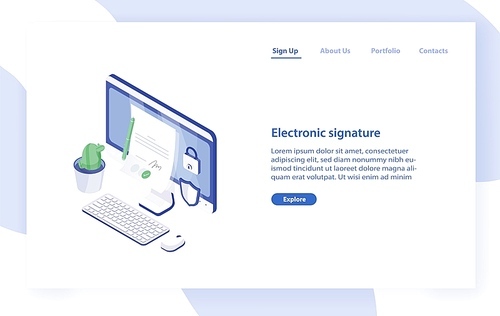 Landing page template with desktop computer, paper document with signature on it, lock and shield. Electronic signature, secure technology. Modern isometric vector illustration for service promotion