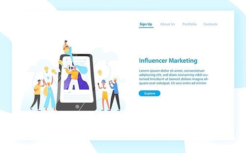 Web banner template with smartphone, woman with bullhorn on screen and customers surrounding her. Influencer marketing, social media promotion. Flat vector illustration for internet advertisement
