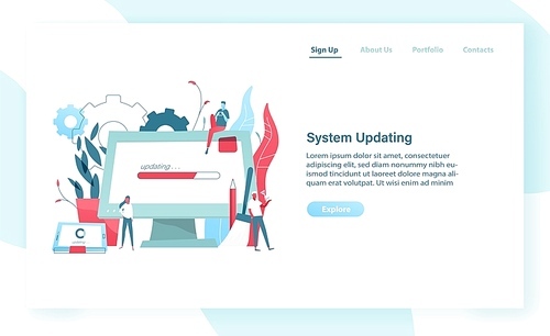 Web banner template with giant computer display and tablet PC with progress bar on screen and tiny people. System update or upgrade, software maintenance. Modern vector illustration for advertisement