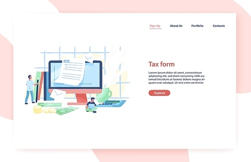 Landing page template with giant computer, tiny people or taxpayers sitting beside and filling in tax form, money bills and coins. Personal taxation. Flat vector illustration for advertisement