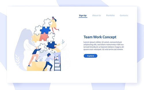 Web banner template with group of tiny office workers or colleagues assembling together giant jigsaw puzzle pieces. Teamwork, business cooperation. Modern flat vector illustration for website
