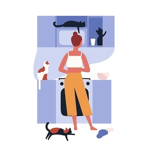 Crazy cat lady standing in kitchen full of her kitties and cooking. Home scene with woman and her domestic animals. Lonely pet owner. Back view. Colorful vector illustration in flat cartoon style