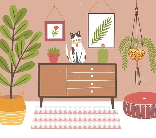 Interior of comfy room with table and cat sitting on it, potted plants, wall pictures, home decorations. Cozy house decorated in modern Scandinavian hygge style. Flat colorful vector illustration