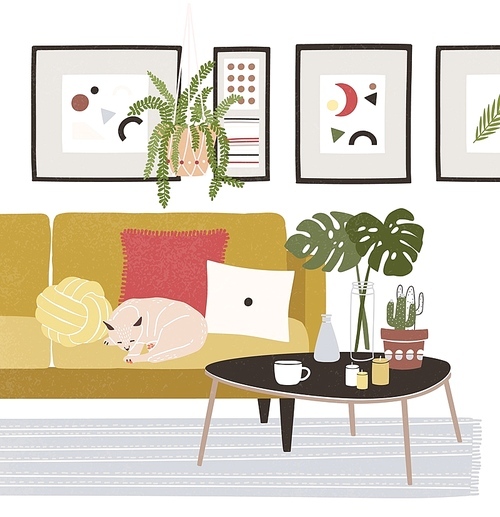 Cute cozy room with cat sleeping on comfy sofa, coffee table, potted plants, home decorations. Comfortable house or apartment decorated in modern Scandinavian hygge style. Flat vector illustration