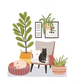 Comfy living room interior with cats sitting on armchair and ottoman, houseplants growing in pots, home decorations. Comfortable apartment decorated in Scandic hygge style. Flat vector illustration