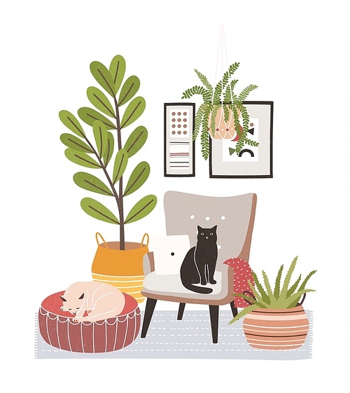 Comfy living room interior with cats sitting on armchair and ottoman, houseplants growing in pots, home decorations. Comfortable apartment decorated in Scandic hygge style. Flat vector illustration