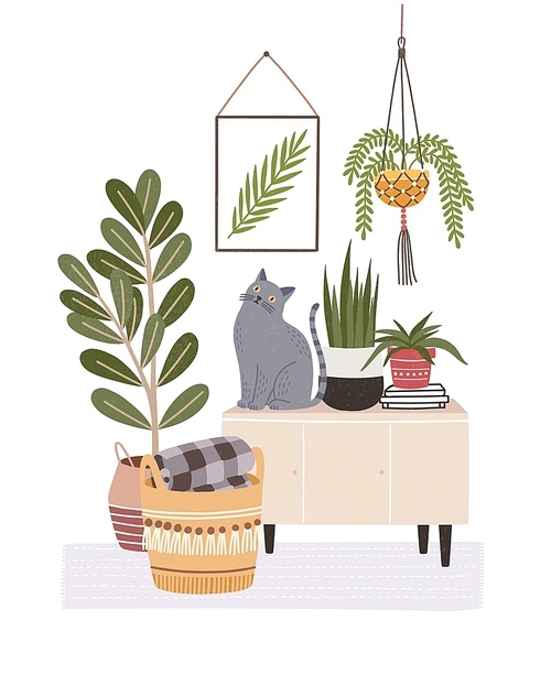 Cozy room interior with cat sitting on cupboard or sideboard, houseplants in pots, wall picture, basket. Composition with furniture and home decorations in hygge style. Flat vector illustration