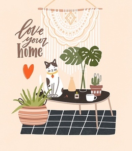 Comfy room with table, cat sitting on it, potted plants, home decorations and Love Your Home phrase written with cursive font. Cozy house decorated in Scandic hygge style. Flat vector illustration