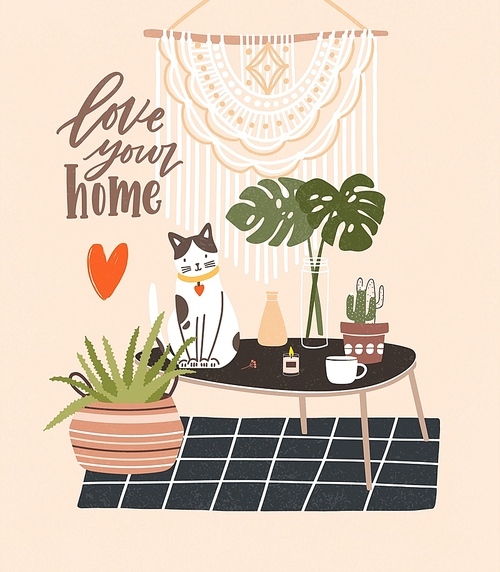 Comfy room with table, cat sitting on it, potted plants, home decorations and Love Your Home phrase written with cursive font. Cozy house decorated in Scandic hygge style. Flat vector illustration