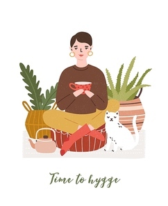 Cute young woman drinking tea, cat, houseplants and Time To Hygge slogan handwritten with cursive font. Comfortable house or apartment decorated in cozy Scandic style. Flat vector illustration