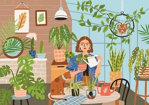 Crazy plant lady at greenhouse or home garden. Cute funny young woman with watering can taking care of houseplants growing in pots or planters. Modern vector illustration in flat cartoon style