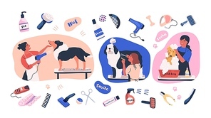 Collection of scenes with people grooming dogs and items for coat care. Women caring of domestic animals or pets - blow drying, cutting fur, washing. Colored vector illustration in flat cartoon style.