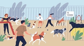 Happy smiling people playing with dogs at playground. Cute funny men and women walking and training domestic animals. Pets and their owners at city park. Flat cartoon colorful vector illustration