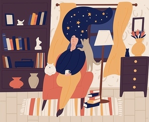 Young girl with closed eyes and night starry sky or space instead of hair sitting in chair and dreaming or daydreaming. Fantasy and imagination. Colorful vector illustration in flat cartoon style.
